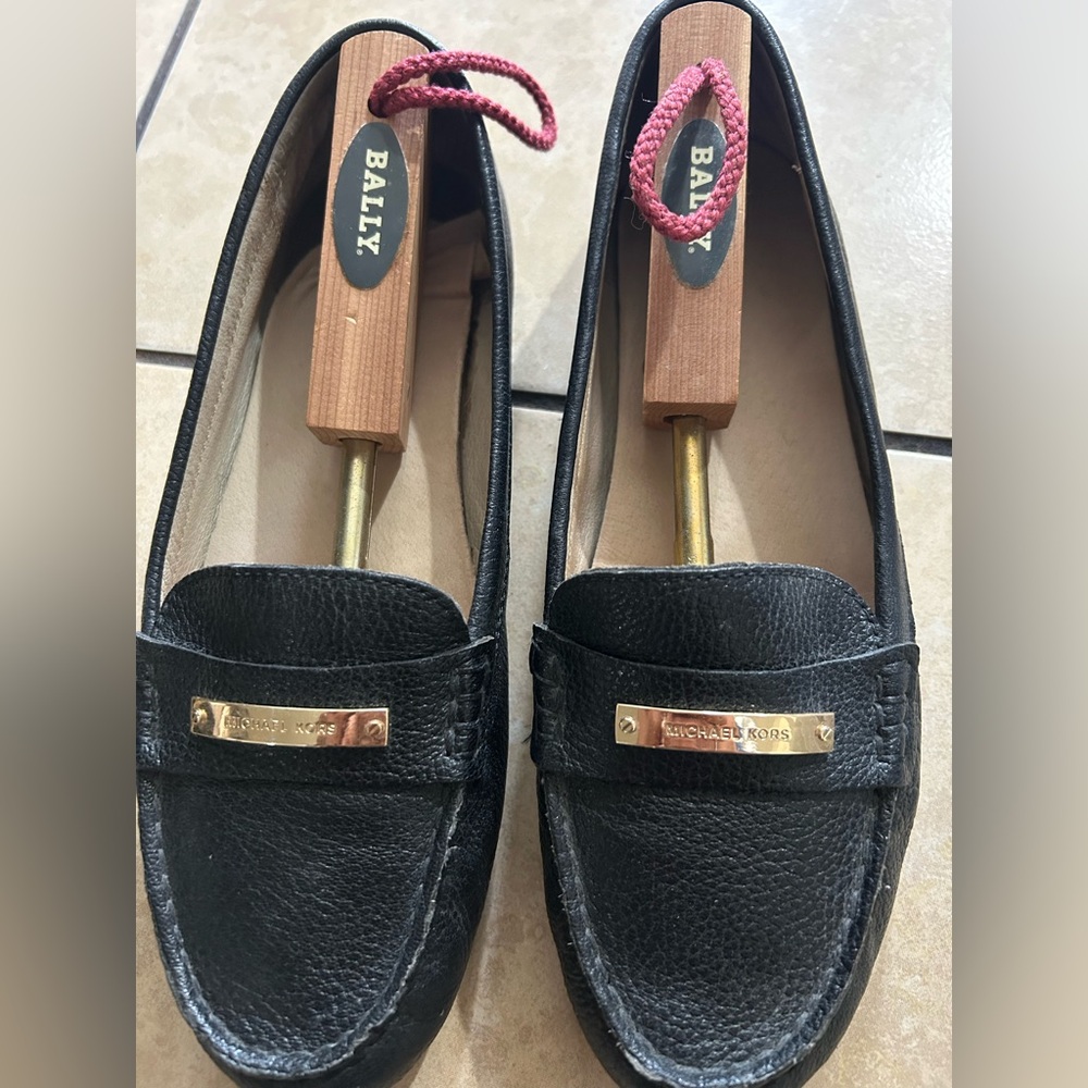 Michael Kors Black Leather Loafers with Gold Accents